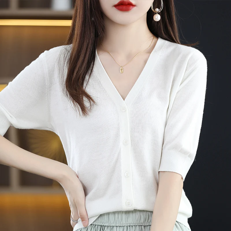 Women 100% Bamboo Fiber Knitted Cardigan 2024 New Short Sleeve Thin Shirt Summer V-Neck Basic For Female Soft Shirt Girl Clothes