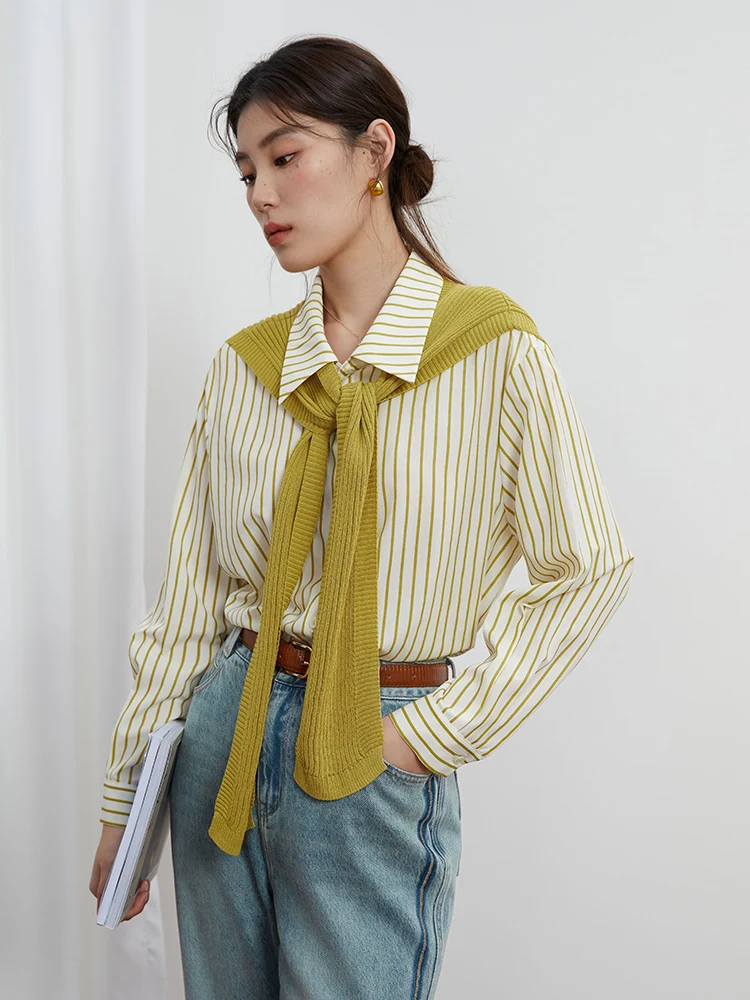 DUSHU Commuter Style Detachable Shawl Retro Striped Shirt for Female Autumn New Personality Fashionable Top Shirt Women