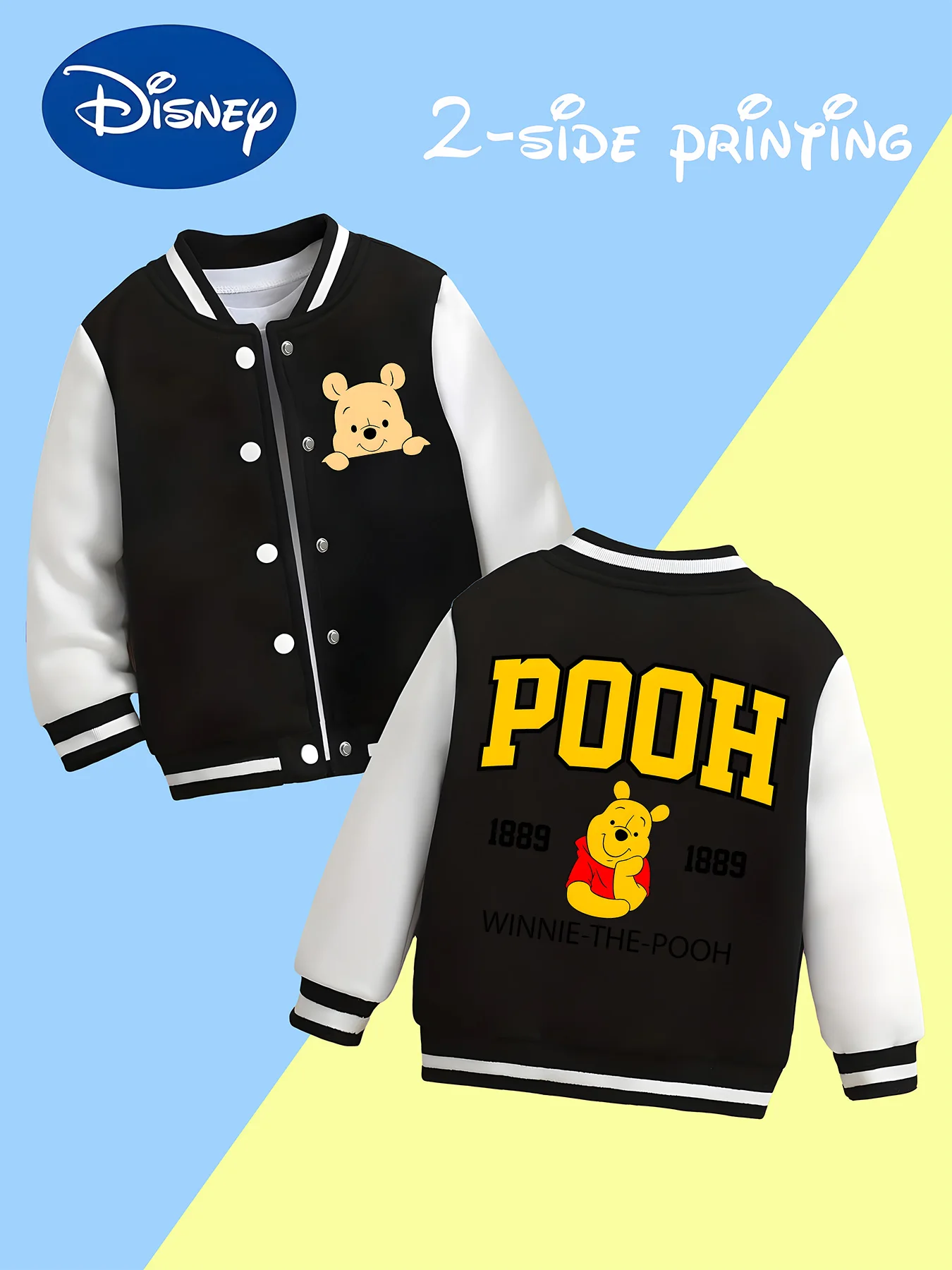 

MINISO Disney Winnie the Pooh colorful print children's clothing boys' baseball jacket, casual, soft and skin-friendly trend