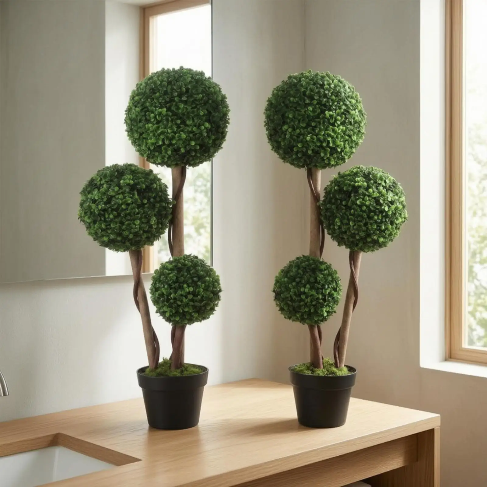 Decorative Faux Foliage Sculptural Artificial Plants Decoration Triple Ball Topiary in Black Tapered Pot for Home Office