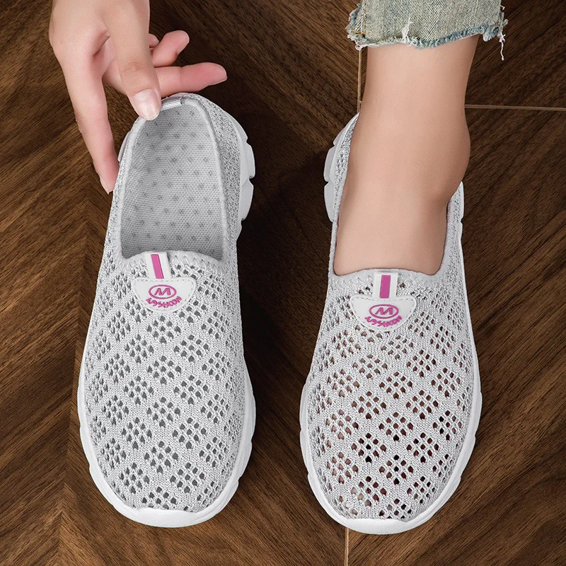 STRONGSHEN Summer Women Flat Casual Shoes Mesh Comfortable Breathable Hollow out Slip on Sports Walking Sneaker Zapatos De Mujer