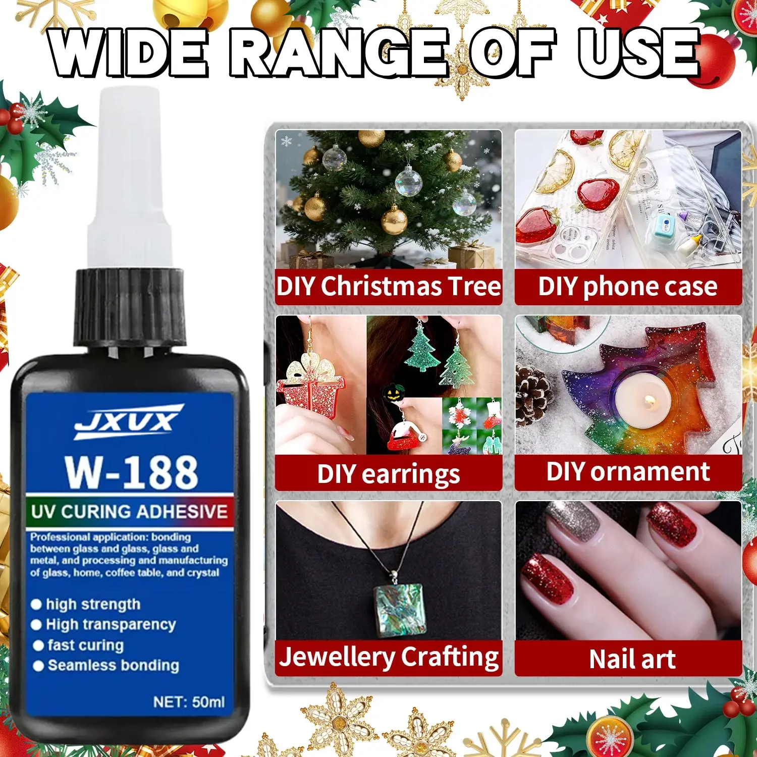 50 ml de pegamento de resina UV W188 para joyería DIY, resina epoxi para lámpara UV, alta transparencia, secado rápido, alta dureza, decoraciones navideñas, modelos DIY.