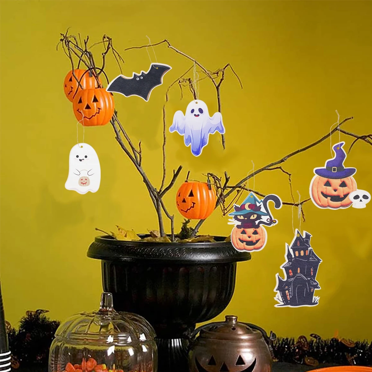 Halloween enfeites pendurados de madeira, abóbora, fantasma, porta pendentes, decoração do partido, tema, 6pcs, 2024