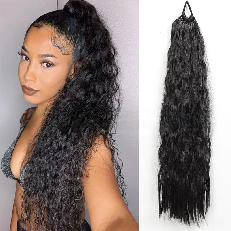 

Long Wavy Ponytail Extensions Synthetic Black Brown Golden Natural Braided Ponytail Rubber Band Hairpiece For Women