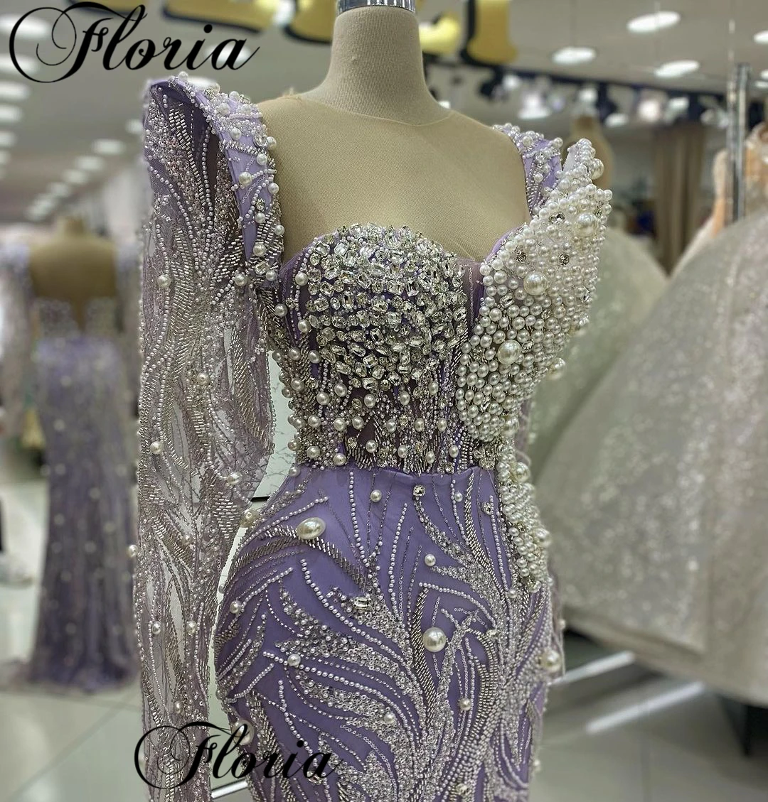 Vintage Long Sleeves Evening Dresses Mermaid Formal Occasion Dresses With Pearls Vestidos De Gala Crystals Celebrity Dresses
