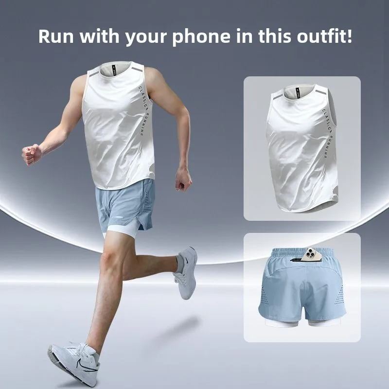 

Men's Running Set Ice Silk Qui Dry Vest Summer Athletics Training orts Fitn Clothes Equipment Marathon Sportswear Kit