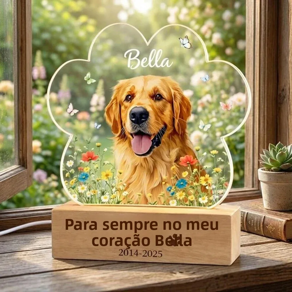 Luz noturna memorial personalizada para cães e gatos, lâmpada fotográfica personalizada gravada com nome, tema ponte arco-íris, presente de simpatia para amantes de animais de estimação