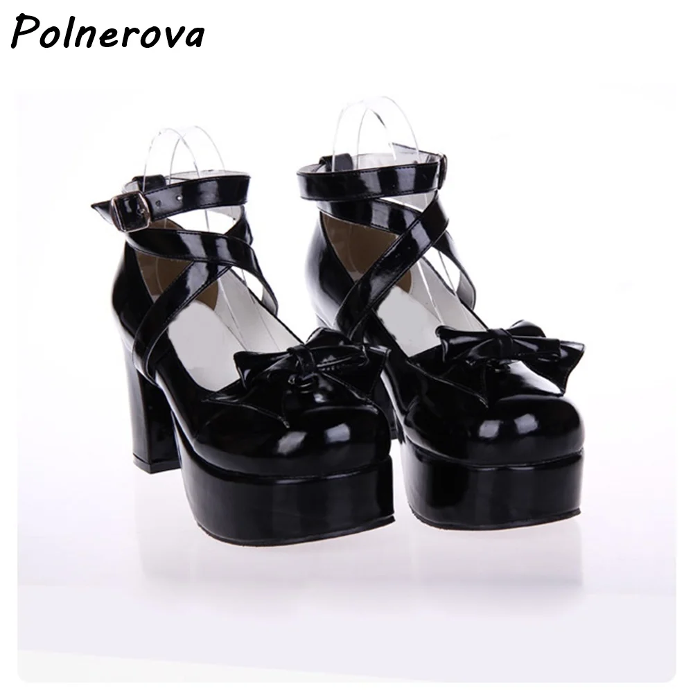 Sweet Lolita Bow Patent Leather Pumps Platform Mary Jane Cross Strap Ankle Buckle Chunky Heel Shoes Lovely Solid Round Toe Shoes