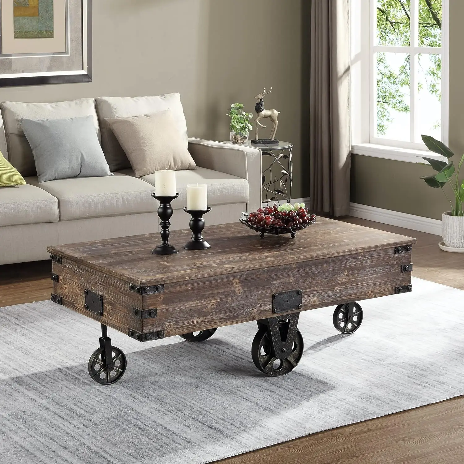 Brown Factory Cart Coffee Table, Vintage Center Table with Wheels for Living Room, Rectangular, Wood, Farmhouse, 47.25 Inches