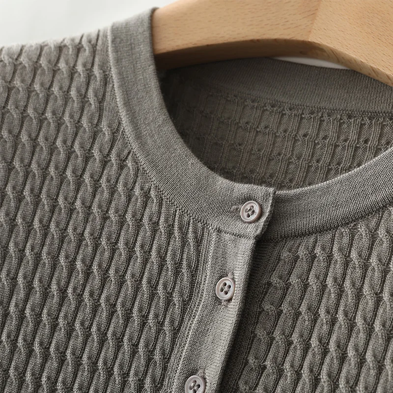 Women\'s T-Shirt Summer Worsted Wool Knitted Sweater Short Sleeve Casual Round Neck Ladies Tops Fitted Blouse Pullover Tees