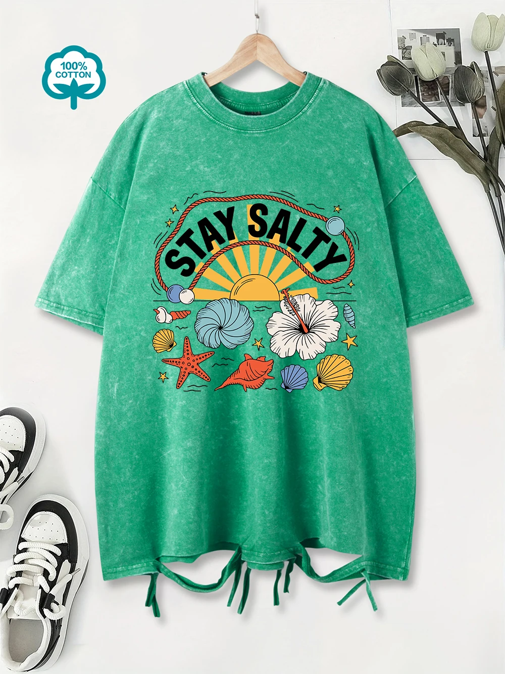 

Летние стираные футболки, женские хлопковые футболки с принтом Stay Salty Beach, повседневные топы большого размера с круглым вырезом, праздничная женская одежда