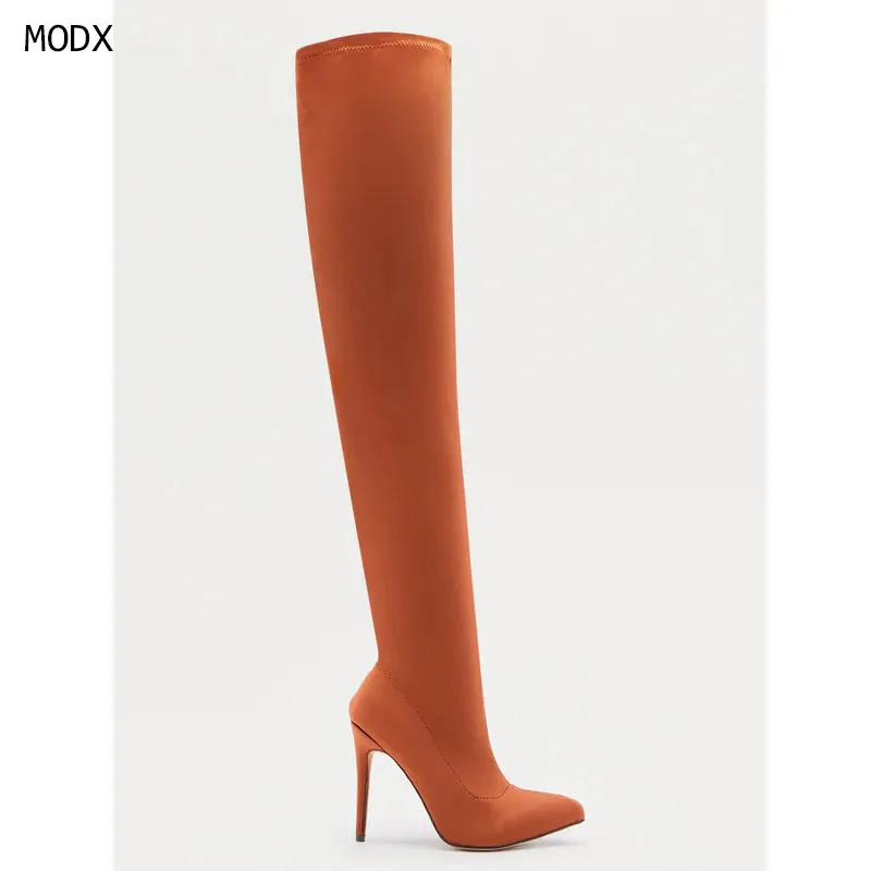 

2025 Over The Knee Women's Boots Fashion Nightclub High Heels Large Size 44 Elastic Long Boots 10/12CM Pointed Toe Shoes 44
