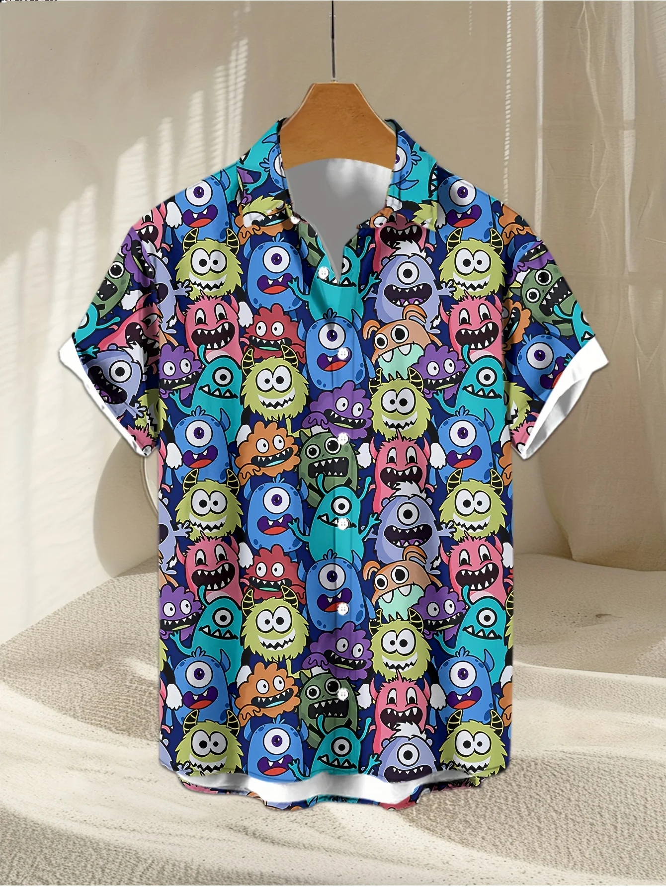 Cartoon Colored Monster Full Printed Short Sleeved Shirt for Men's Trendy Brand Loose, Breathable and Comfortable Shirt