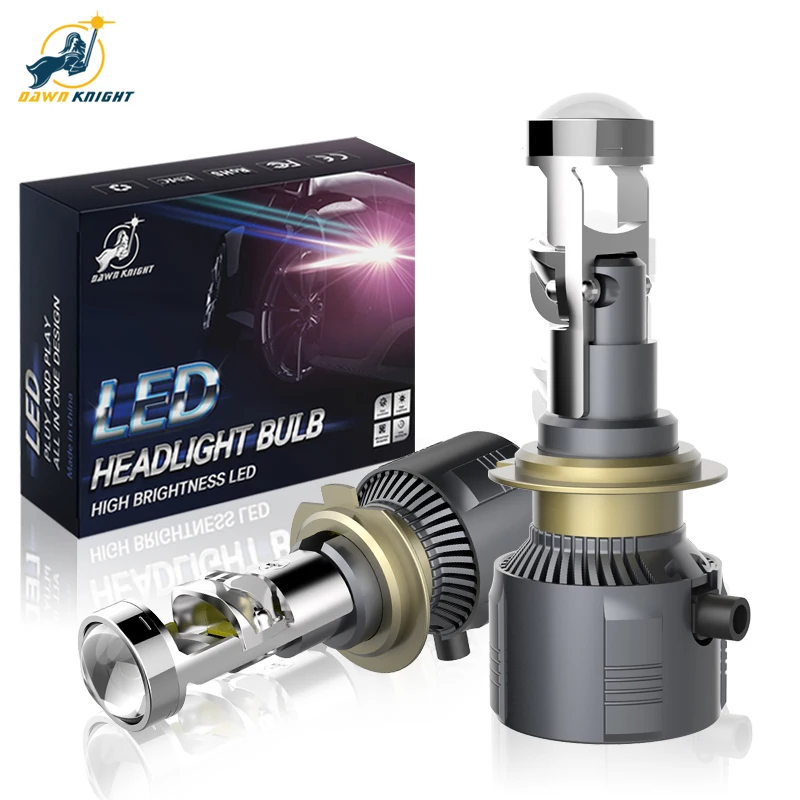 DAWNKNIGHT 9005 9006 LED 프로젝터 렌즈, Hi/Lo 빔 캔버스 터보 LED 전구, LHD 12V 6000K, A80 H7 렌즈 포함, 100W/쌍 H11