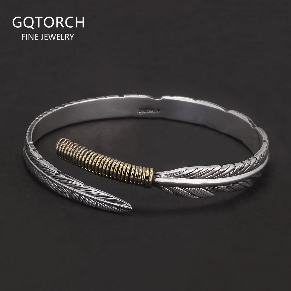 

999.9 Pure Silver Bohemia Feather Cuff Bracelet for Men Women Retro Punk Vintage Wrist Open Bangle Party Jewelry Gift