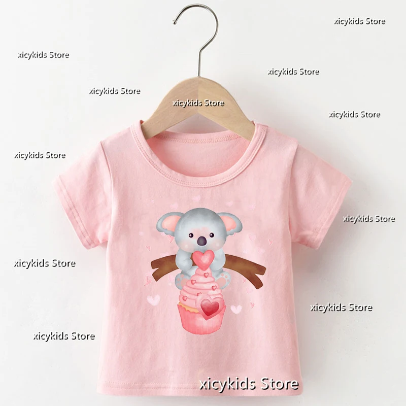 New Summer Style Girls T-shirt Cute Magdalena De Koala Cartoon Print Girls Pink Short Sleeve Shirt Tops Funny Kids Clothes tees