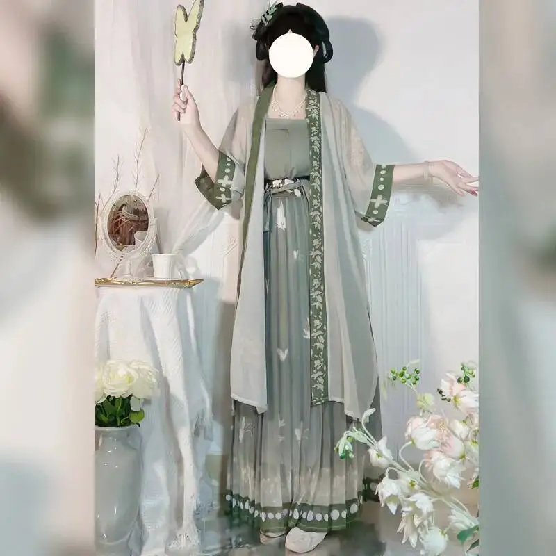 

Chinese Hanfu Summer Dress 3PCS Set Tea Green Flowing Maxi Dress Chinese Ancient Women Embroidery Dress Costume