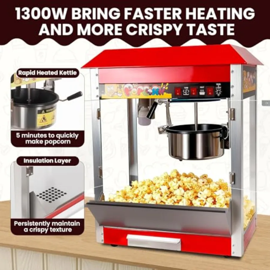 1300W Commercial Popcorn Machine 8 Oz Popcorn Maker for 48 Cups Movie Theater Popcorn Machine with 3-Switch Control Removable S