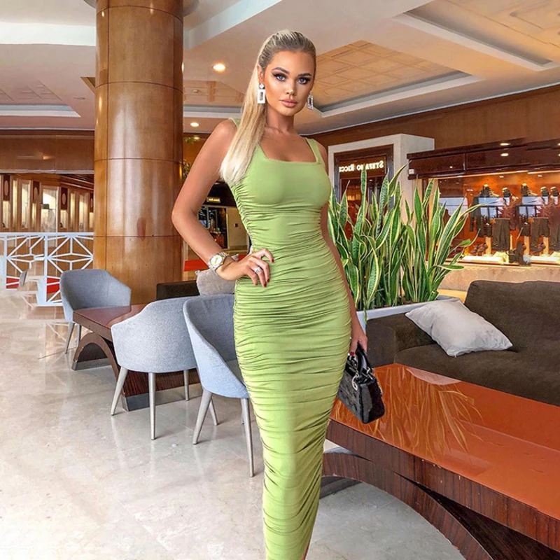 

High Quality Ruched Solid Sexy Bodycon Party Dresses Women Fashion Sleeveless Skinny Clubwear Basic Midi Dress 2024 Slim Female