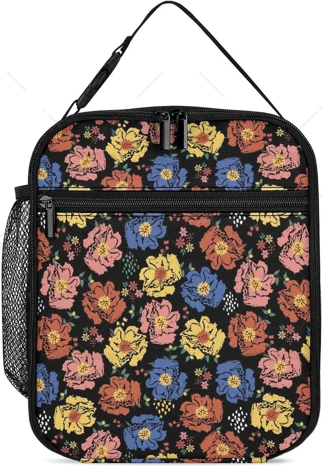 Floral-dark Blue Rectangular Lunch Bag Insulated Portable Lunch Box Tote Bags for Adults Men Women Travel Picnic Office Gifts