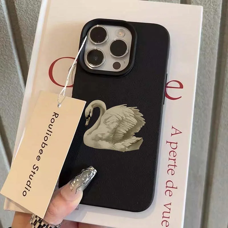 Funda de teléfono con patrón de cuero Lichee de cisne blanco elegante para Oppo Reno14 Reno13 Reno12 Reno11 Reno10 Reno8 Reno7 T F Z Pro 4G 5G