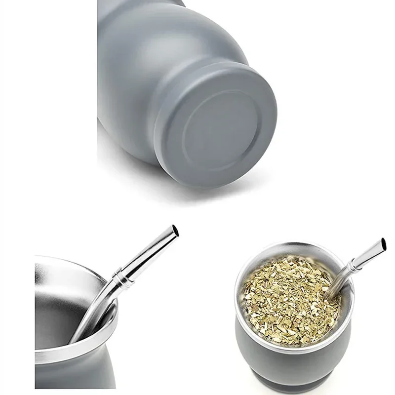 3Sets 230ML Bombilla Set Yerba Mate Gourd Double Stainless Steel Tea Cup with One Spoon and Brush Heat Insulation Anti Scalding