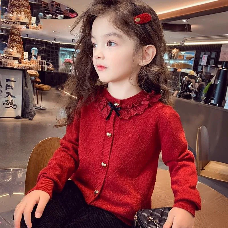 Girls' New Year's Sweater, New Autumn-Winter Fashionable Children's Wool Blend Little Girl's Chic Knitted Cardigan Girls' New Year's Sweater, New Autumn-Winter Fashionable Children's Wool Blend Little Girl's Chic Knitted Cardigan