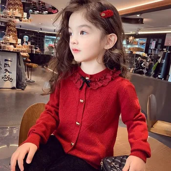 Girls' New Year's Sweater, New Autumn-Winter Fashionable Children's Wool Blend Little Girl's Chic Knitted Cardigan