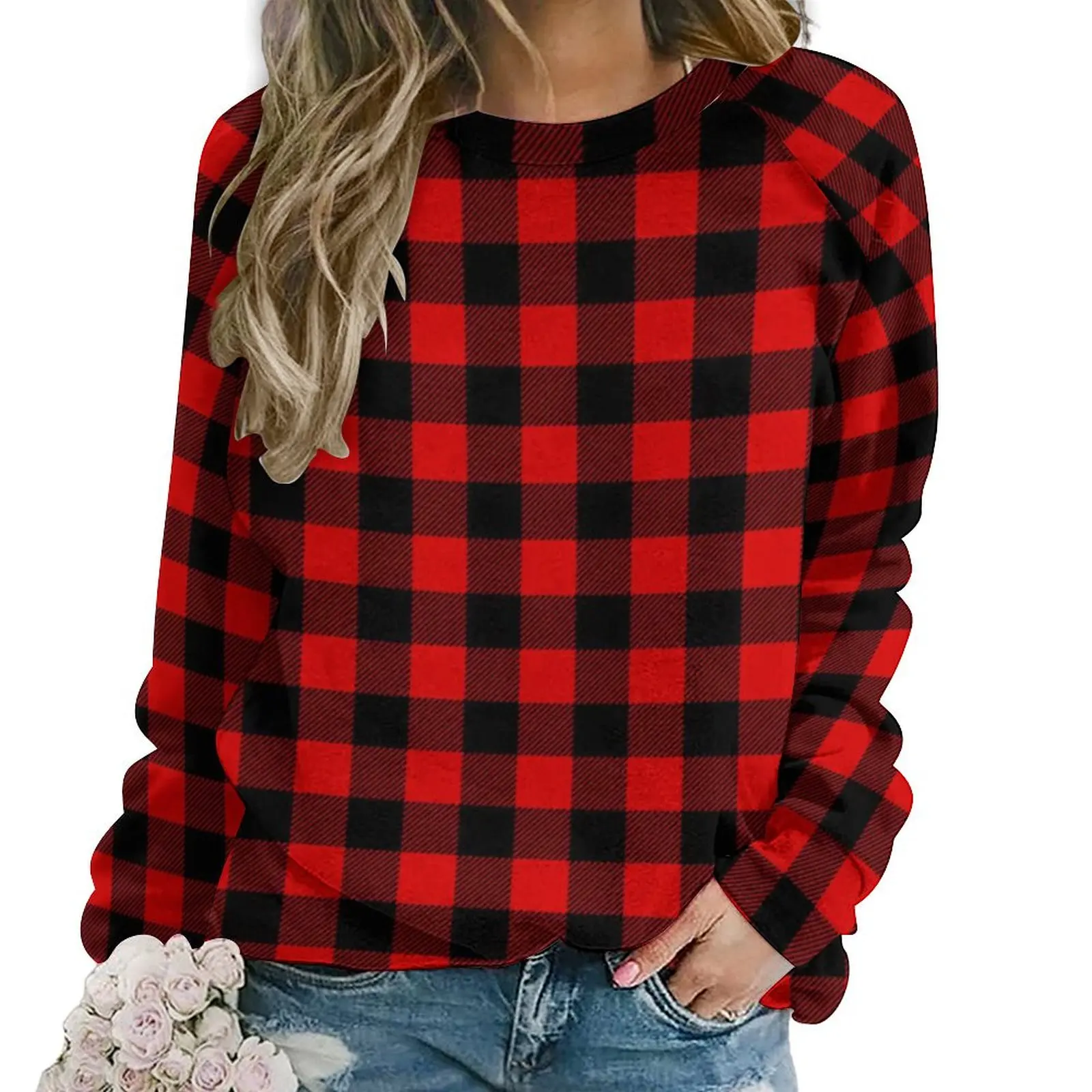 Black Red Plaid Casual Hoodies Spring Vintage Check Y2k Hoodie Long Sleeve Oversized Hip Hop Graphic Sweatshirts