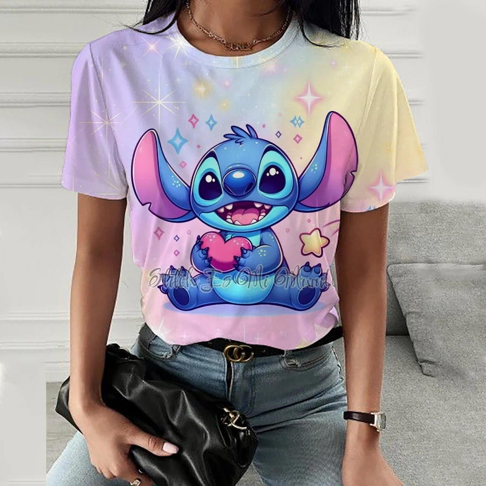 Mickey Mouse Stitch Print T-shirts Tops for Women Lady Summer Children T-shirts Casual O-neck Ohana Stitch Disney T-shirts