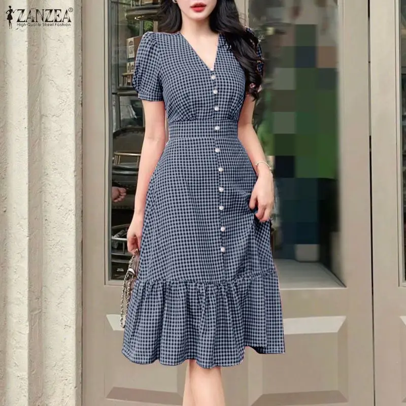 ZANZEA Damen Freizeit-Midikleid für den Urlaub, V-Ausschnitt, kurze Puffärmel, Rüschensaum, Gingham-Kleider, Sommer, elegante Roben mit Cinch-Taille