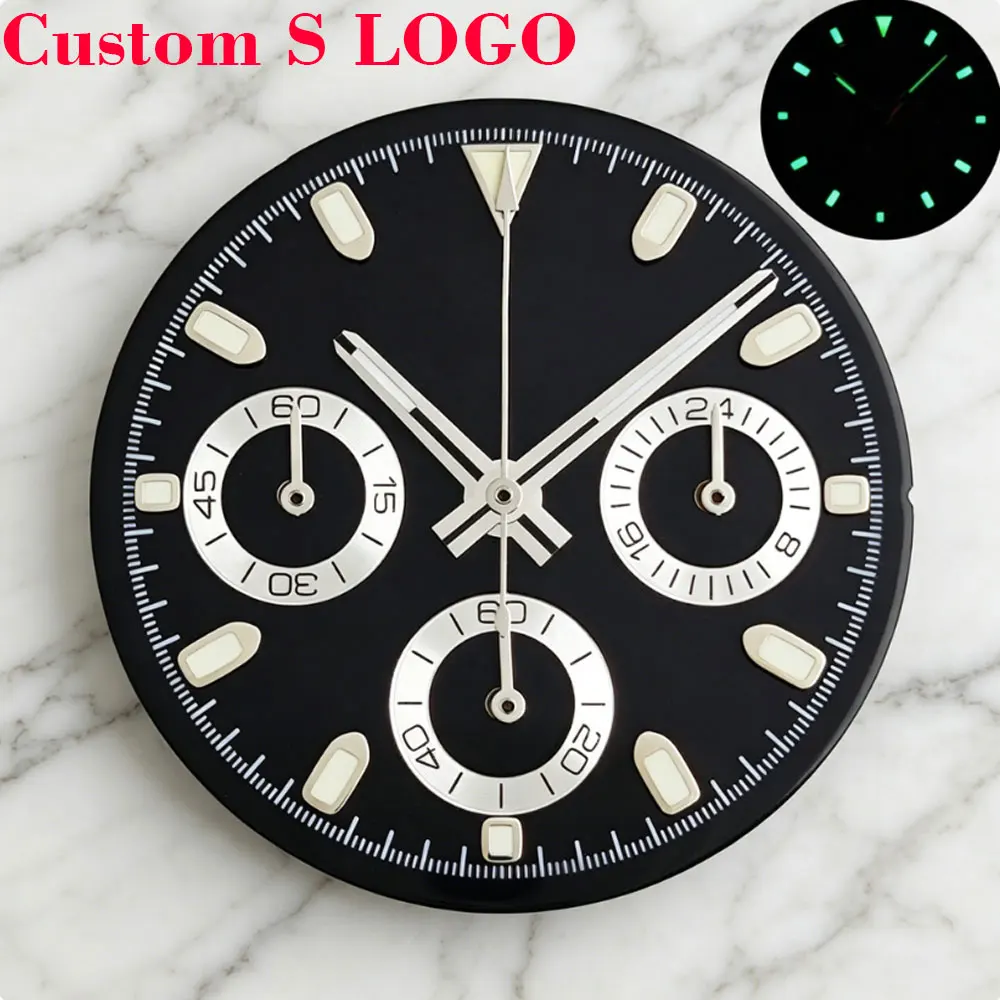 Custom S Logo 29mm Daytona Watch Dial and Hands C3 Luminescent, Suitable for VK63 Quartz Movement Chronograph