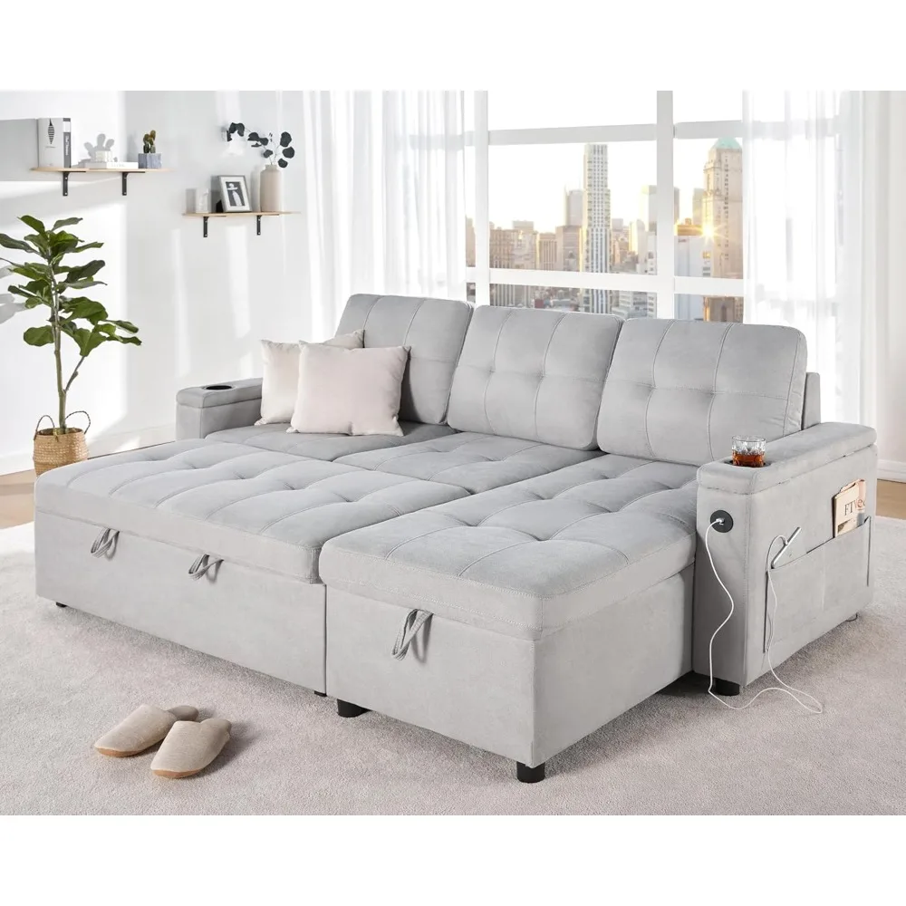 Sleeper Sofa with USB Charging Port & Cup Holders, L-Shaped Sectional Couch with Storage Chaise, Comfy Couch，Pull Out Sofa Bed