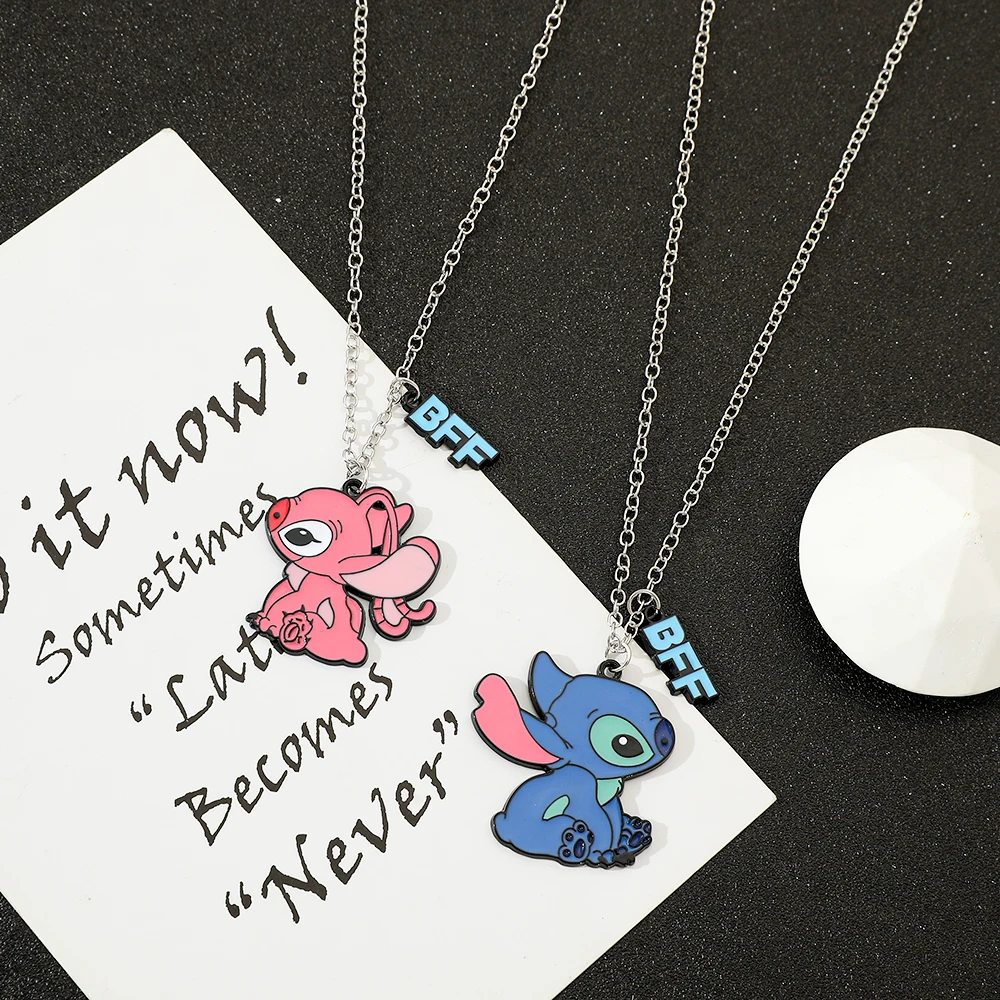 2pcs Stitch Disney Necklace Kawaii Cartoon Bff Best Friends Pendant Necklace Couple Heart Angel Stitches Gifts