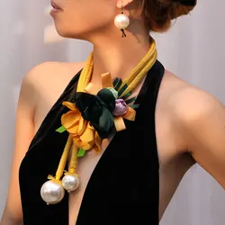 Statement Boho Pearls&Flower Necklace for Women Girl Trendy Wedding Party Jewelry
