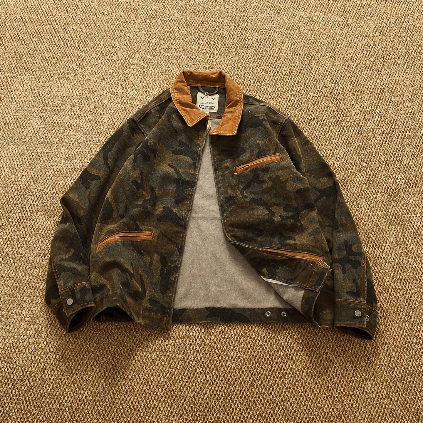 

100% cotton autumn and winter heavyweight thick textured grain woven jacket top men's retro washed old loose camouflage jacket