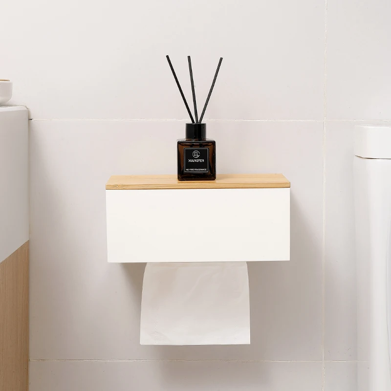 【Zhubai Home】Japanese Style Simple Punch-free Wall Hanging Tissue Box Bathroom Household Paper Box Bamboo and Wood Roll