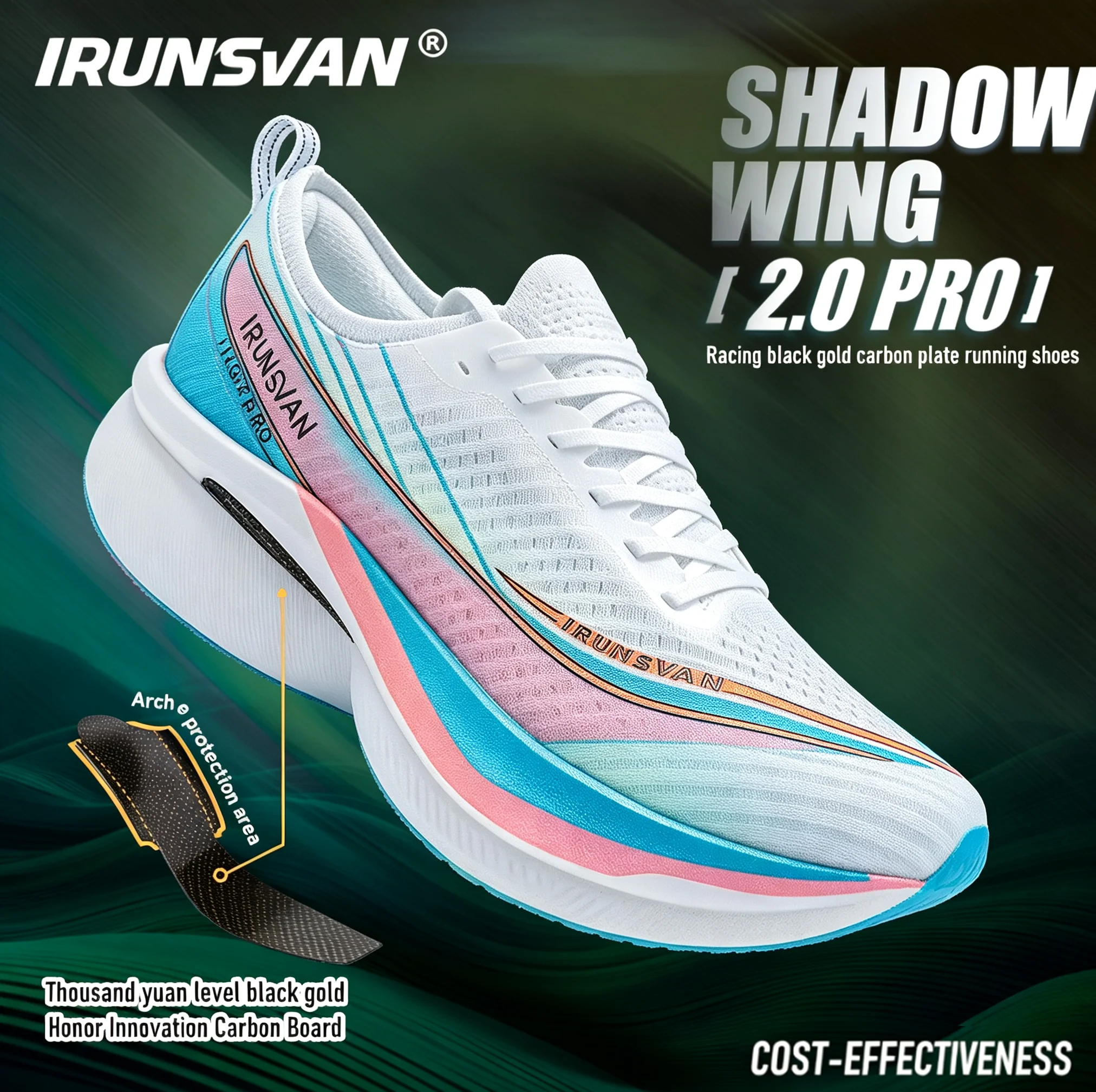 IRUNSVAN Black Gold Carbon Plate Marathon Running Shoes For Men Women Breathable Antibacterial Cushioned Training Sneakers 2503