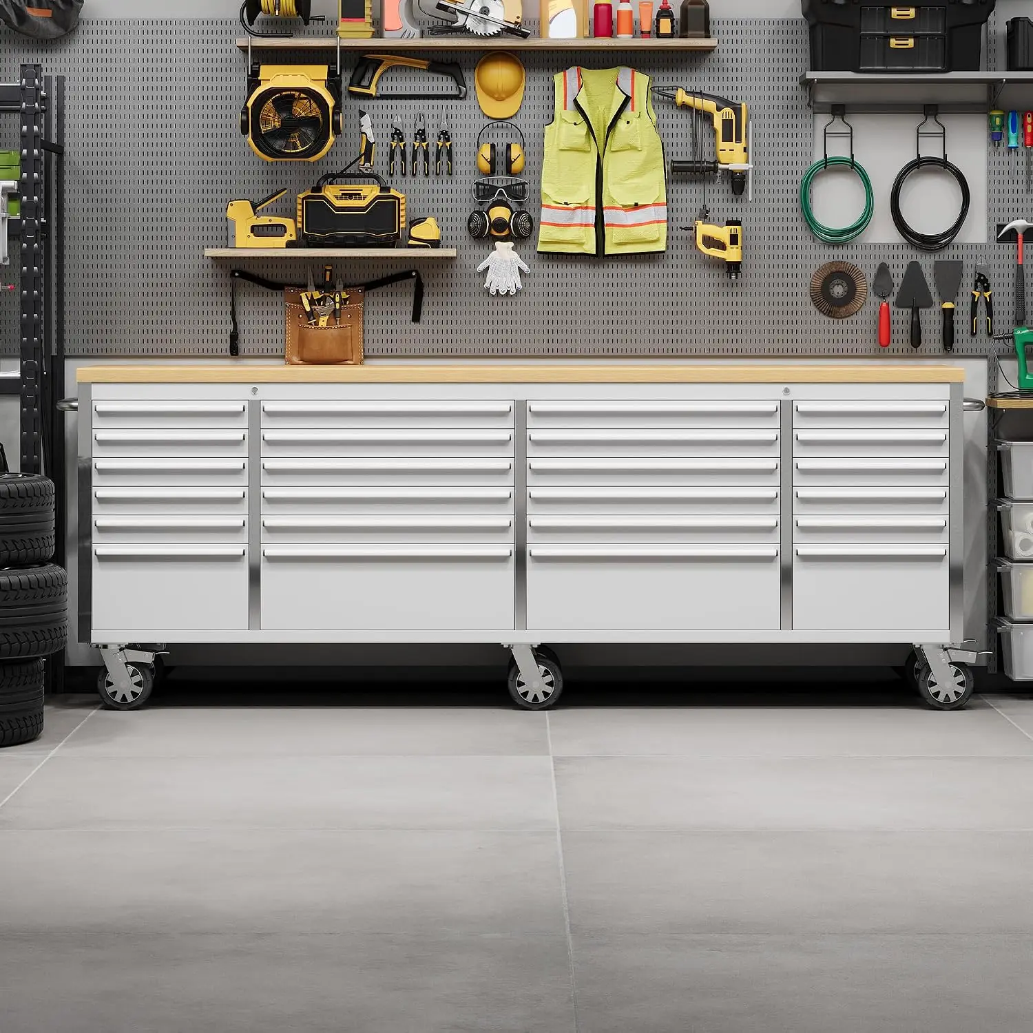 Tacleekii 96 inch Rolling Tool Chest, Garage Workbench with 24 Drawers Solid Rubber Wood Top & with Wheels Lock Key Locking, Mobile Workstation Tool Cabinet for Workshop Storage
