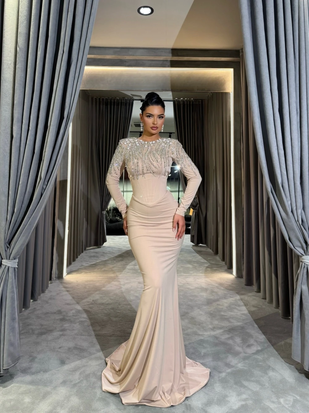 Diamentowa Sukienka Wieczorowa Syrenka, Urocza, Nowoczesna, Długi Rękaw, Sukienki na Bal Maturalny, Seksowna, Dopasowana, Formalna Suknia na Przyjęcie, Szyta na Miarę