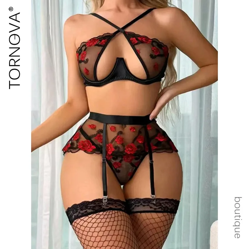 

Tornova 3PCS Embroidery Rose Lace Hollow Out See-through Sexy Interesting Underwear Patchwork Garters Slim Backless Sexy Set