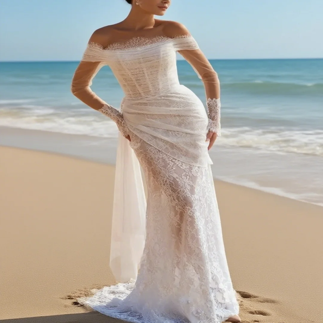 

Customize classic wedding accessories: lace, honeycomb netting, long-sleeved dress, dolphin-shaped bridal formal wedding gown
