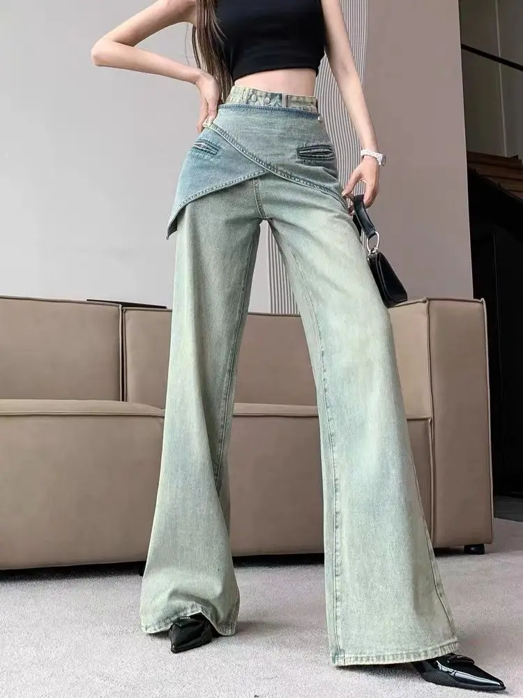 

ADAgirl Vintage Light Blue Jeans Women Irregular Belt Cowboy Denim Straight Wide Leg Pants Female 90s Do Old Aesthetics Trousers