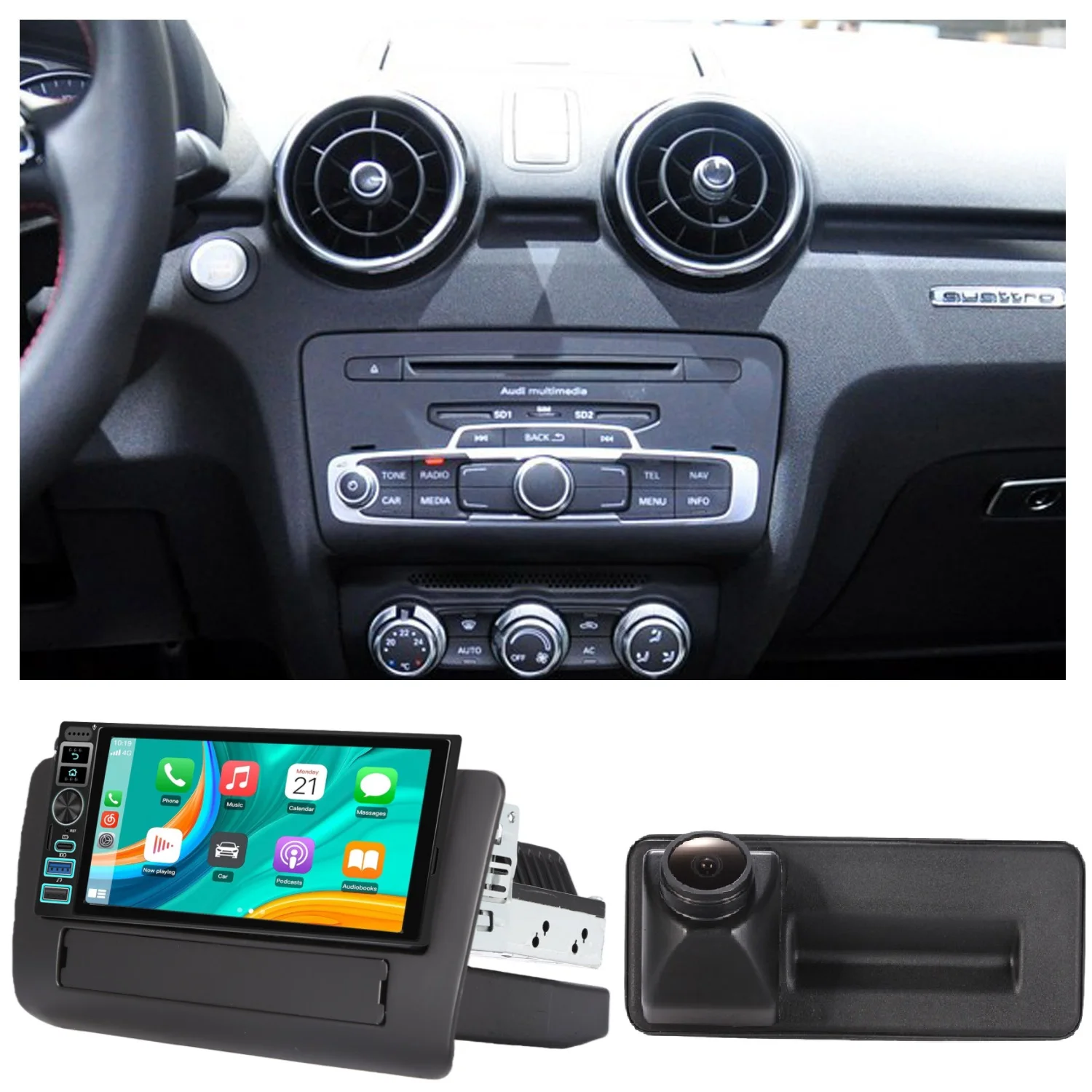 

Автомагнитола Android Auto 2+64 ГБ с Bluetooth, CarPlay, GPS-навигацией и камерой заднего вида AHD для Audi A1 8X 8X1 8XK 8XF / Q3 8U MMI Quattro