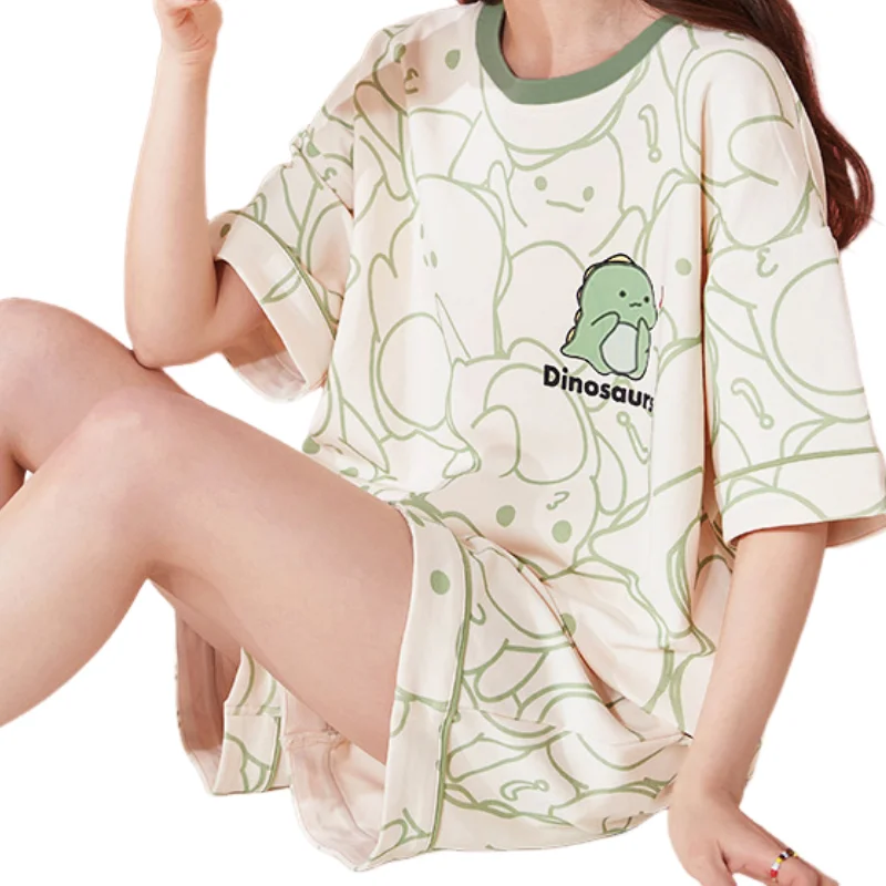 Women's Loose Fit Cartoon Bear Pajamas Set Summer Short Sleeve Gradient Casual Homewear Sleepwear