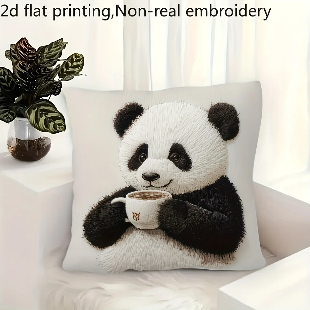 2D flat- Cute Panda Drinking Coffee Throw Pillow Cover Soft Decorative Cushion Case for Home Living Room Bedroom Sofa