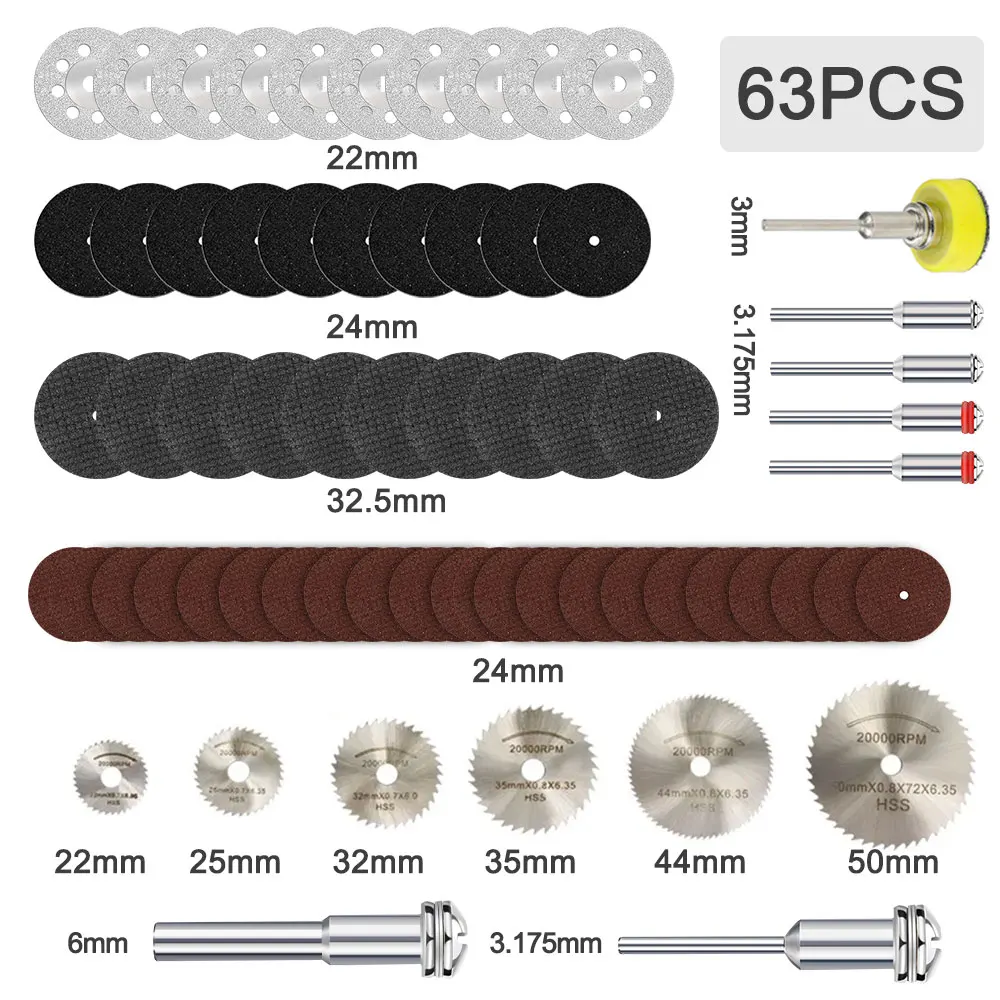 XCAN 63pcs Set Mata Potong Mini HSS, Mata Gergaji Berlian, Cakram Potong Logam, Bor Mandrel 1/8 inci untuk Alat Putar Dremel