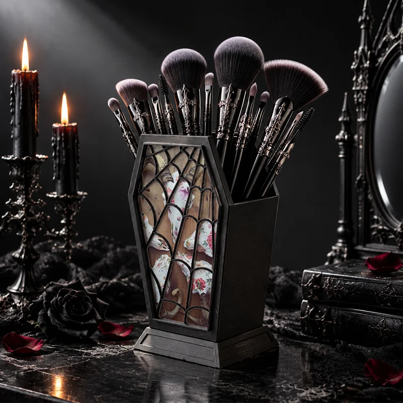 Gothic Coffin Shape Pen Holder Floral Skull Print Desktop Makeup Brush Storage Organizer Halloween Home Vanity Table Decor Stati