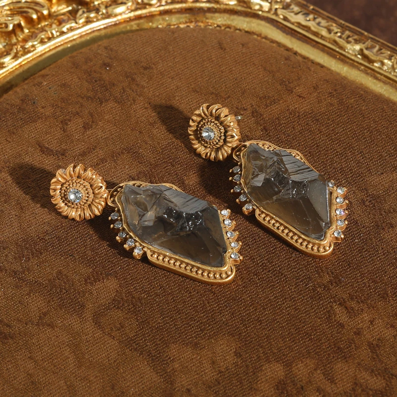 

Vintage Sunflower Drop Earrings Natual Stone Luxury Jewelry For Women Antique Gold Color New Pattern 2025 Trend Festival