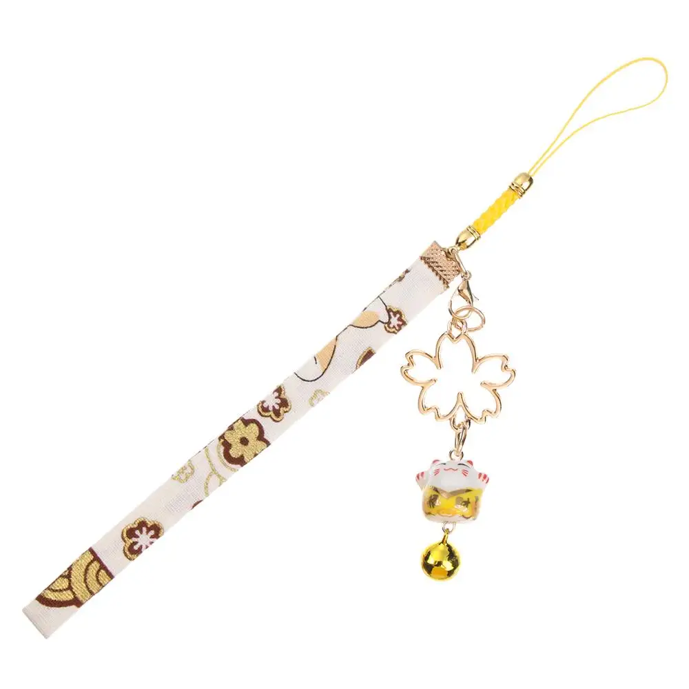 Bells Cherry Blossoms Lucky Cat Keychain Wrist Rope Phone Strap Lanyard Anti-lost Lanyard Lucky Cat Bell Sakura Phone Lanyard